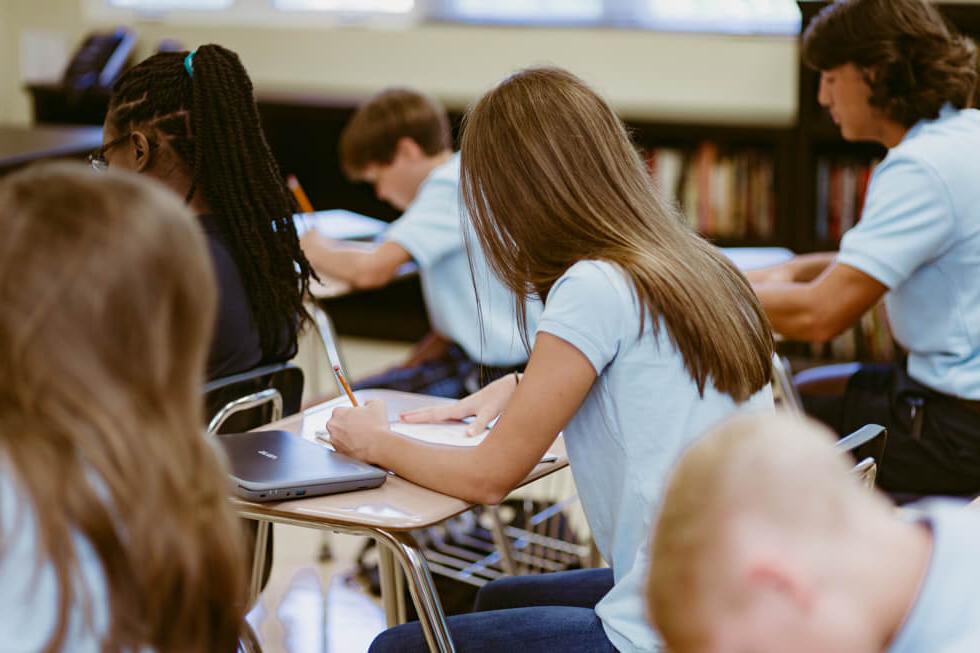 Elementary classroom at Foundation Academy taking a test